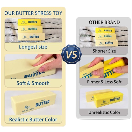 Comparison of a Butter stress toy with another brand's product, highlighting differences in size, texture, and color.